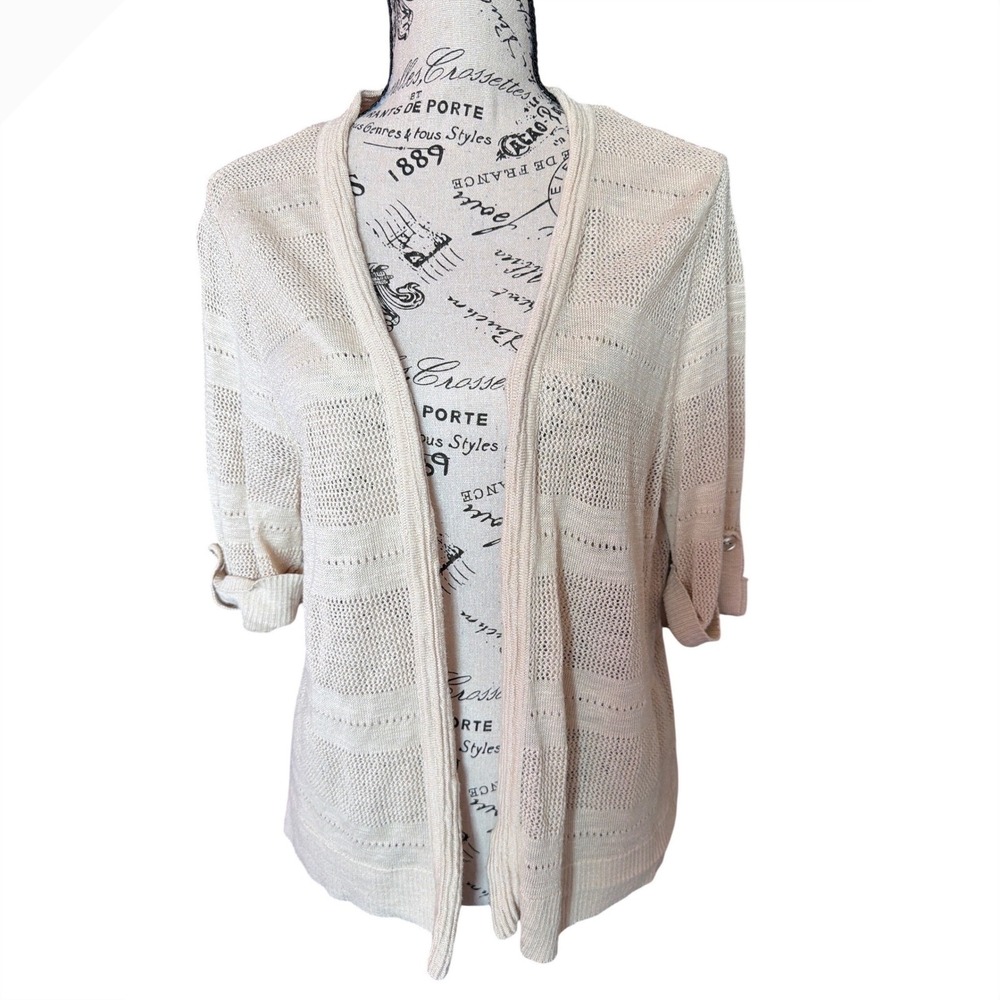 Croft & Barrow Womens Large Creamā Pointelle Stripe Roll Tab Open Front Cardigan